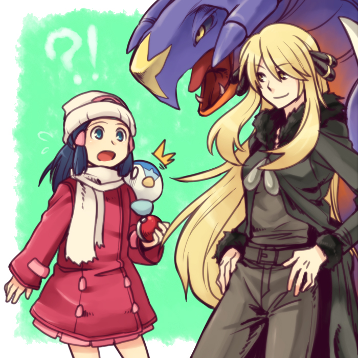 re ghotion, cynthia (pokemon), dawn (pokemon), garchomp, piplup, nintendo, pokemon, pokemon dppt, !?, 00s, 2girls, ^^^, alternate costume, beanie, blonde hair, blue eyes, blue hair, coat, gen 4 pokemon, hair ornament, hat, long hair, multiple girls, pokemon (creature), scared, scarf, smile, winter clothes, winter coat, yellow eyes