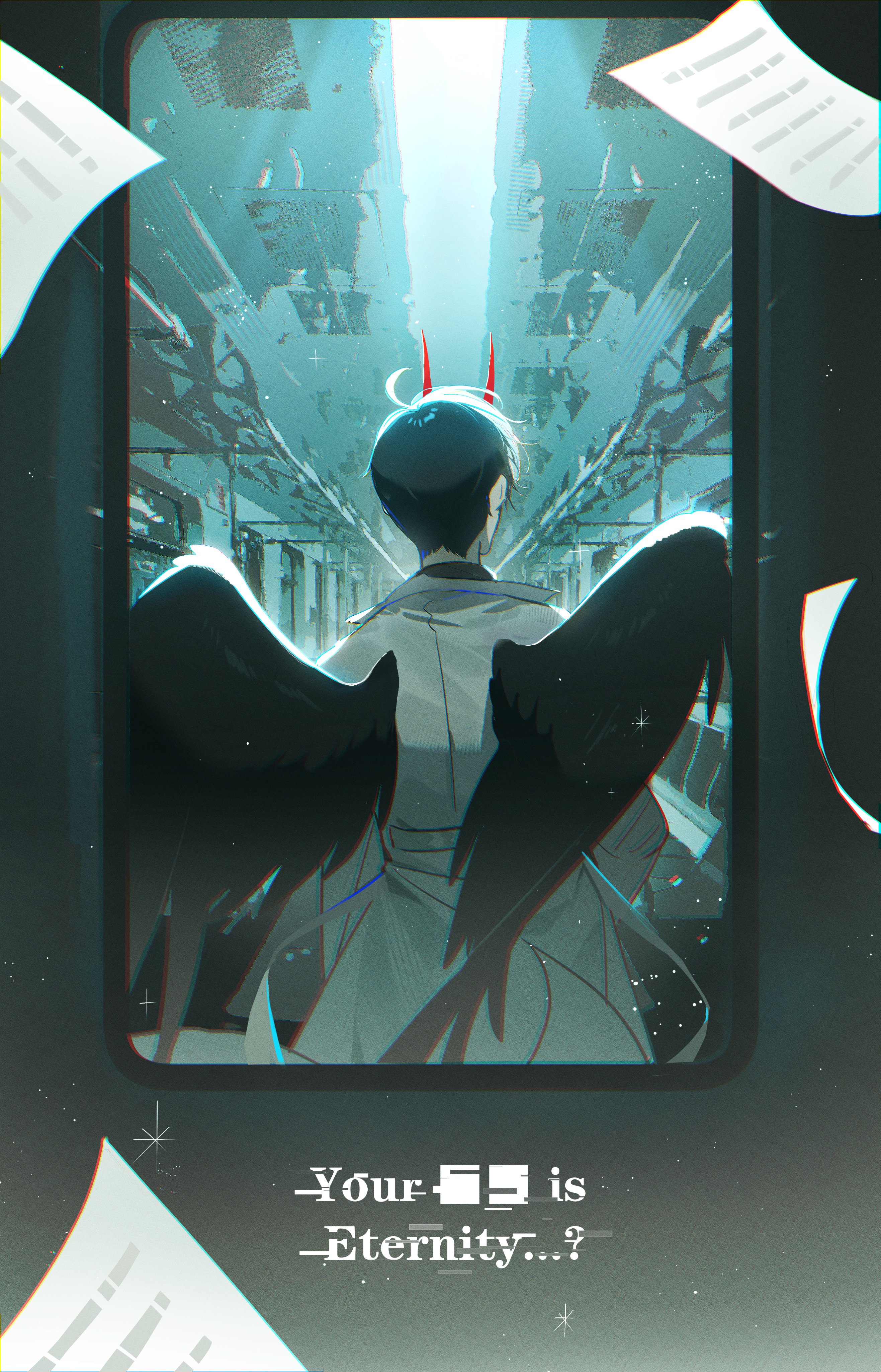 elzfbrvsnr30247, kim dokja, omniscient reader's viewpoint, absurdres, commentary, english commentary, highres, 1boy, black hair, black shirt, black wings, ceiling light, chromatic aberration, coat, demon horns, falling paper, feathered wings, from behind, head tilt, horns, light particles, male focus, official alternate costume, open clothes, open coat, shirt, short hair, solo, source quote, train interior, upper body, white coat, wings