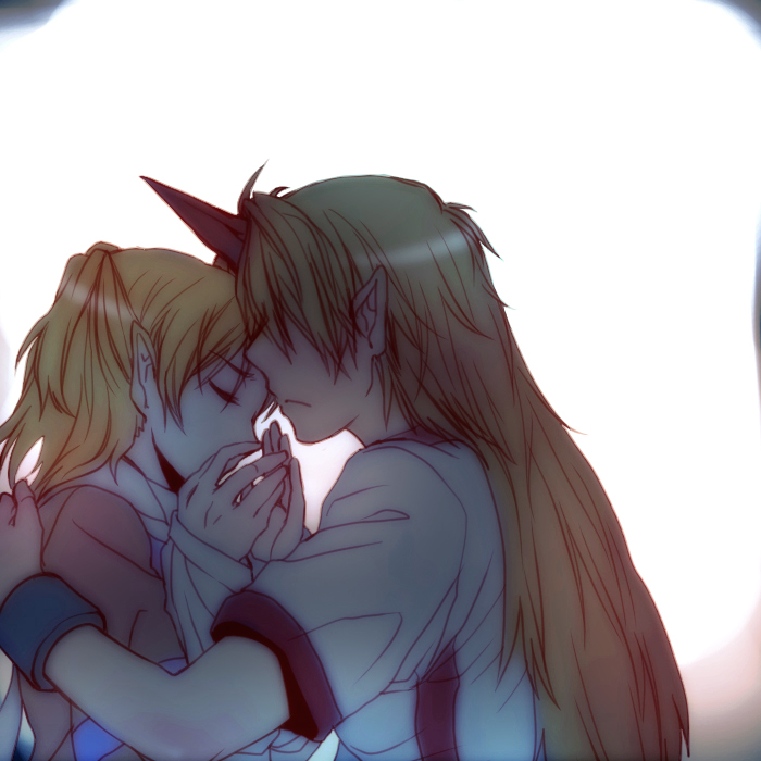 re ghotion, hoshiguma yuugi, mizuhashi parsee, touhou, bad id, bad pixiv id, 2girls, blonde hair, closed eyes, comforting, female focus, half updo, horns, hug, multiple girls, single horn, yuri