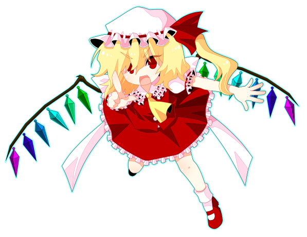 kiri futoshi, flandre scarlet, touhou, bad id, bad pixiv id, 1girl, blonde hair, blouse, collared shirt, female focus, full body, hat, mob cap, ribbon, shirt, simple background, socks, solo, white background, white hat, white shirt, white socks, wings