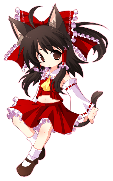 kiri futoshi, hakurei reimu, touhou, bad id, bad pixiv id, 1girl, animal ears, cat ears, cat girl, detached sleeves, female focus, full body, japanese clothes, kemonomimi mode, midriff, miko, navel, ribbon, simple background, skirt, solo, white background