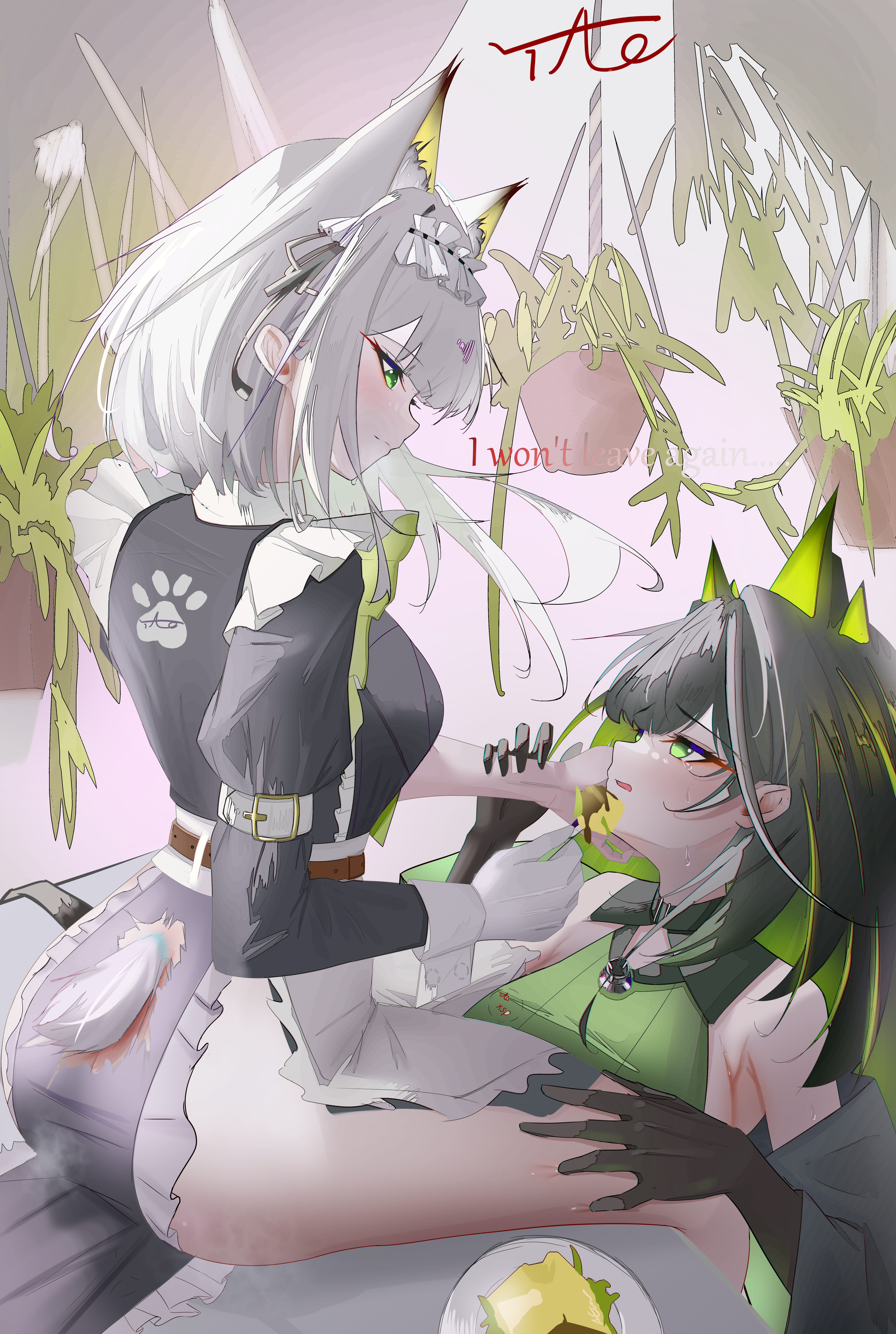 kal'tsit (arknights), kal'tsit (the remains of time) (arknights), mon3tr (arknights), arknights, absurdres, commentary, commentary request, english commentary, highres, 1girl, 2girls, animal ear fluff, animal ears, apron, ass, bare shoulders, black dress, black gloves, black hair, bow, bowtie, breasts, cat ears, cat girl, closed mouth, colored inner hair, crystal horns, desk, dress, embarrassed, feeding, food, gloves, green dress, green eyes, green hair, green streaks, hand on another's face, hand on another's thigh, large breasts, long hair, looking at another, maid, maid apron, maid headdress, multicolored hair, multiple girls, off-shoulder jacket, off shoulder, official alternate costume, on desk, open mouth, plant, potted plant, sideboob, signature, sirtao, sitting, sleeves past wrists, steam, tail, thick thighs, thighs, torn clothes, two-tone apron, white apron, white bow, white bowtie, white headdress, yuri