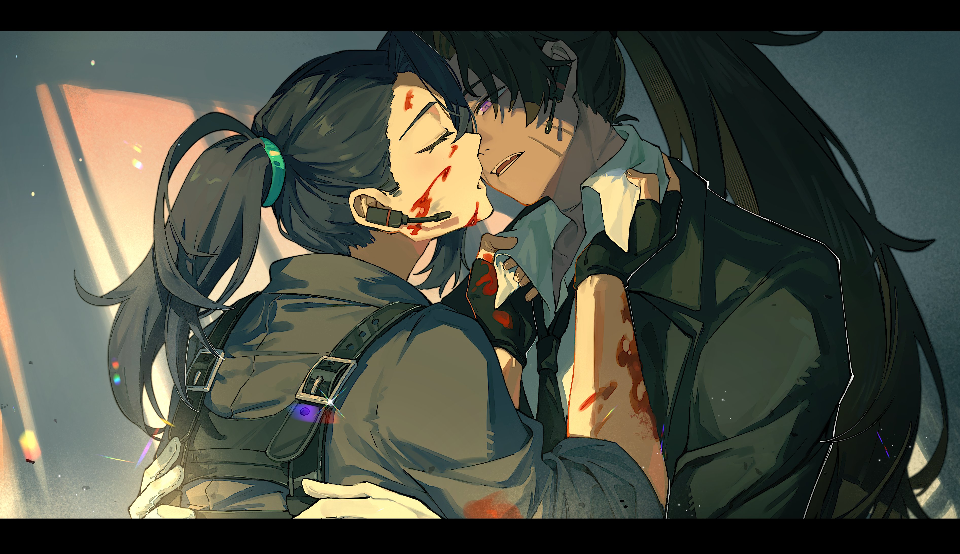 kiscript, heathcliff (project moon), hong lu (project moon), limbus company, project moon, absurdres, hashtag-only commentary, highres, 2boys, black gloves, black hair, black jacket, black necktie, black shirt, blood, blood on clothes, blood on face, blood on hands, brown hair, chest harness, closed eyes, fingerless gloves, full-stop office (identity) (project moon), gloves, hands up, harness, high ponytail, imminent kiss, jacket, long hair, multiple boys, necktie, open mouth, ponytail, shirt, very long hair, white shirt, yaoi