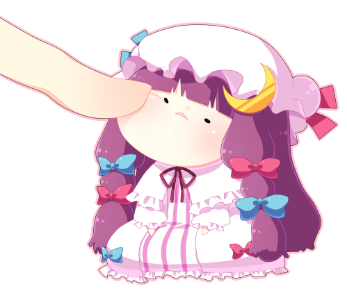 kiri futoshi, patchouli knowledge, touhou, bad id, bad pixiv id, lowres, 1girl, bow, chibi, female focus, mini person, minigirl, pink bow, poking, solo