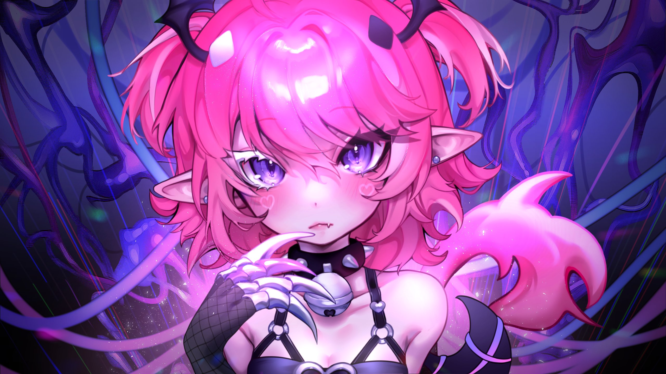 cloud (lufaeris), original, highres, 1girl, armpit crease, bare shoulders, black collar, black gloves, breasts, claw ring, cleavage, closed mouth, collar, facial mark, fang, fang out, gloves, hair between eyes, hand up, heart, heart facial mark, looking at viewer, pink hair, pointy ears, purple background, purple eyes, short hair, small breasts, solo, spiked collar, spikes, swept bangs, two side up, upper body