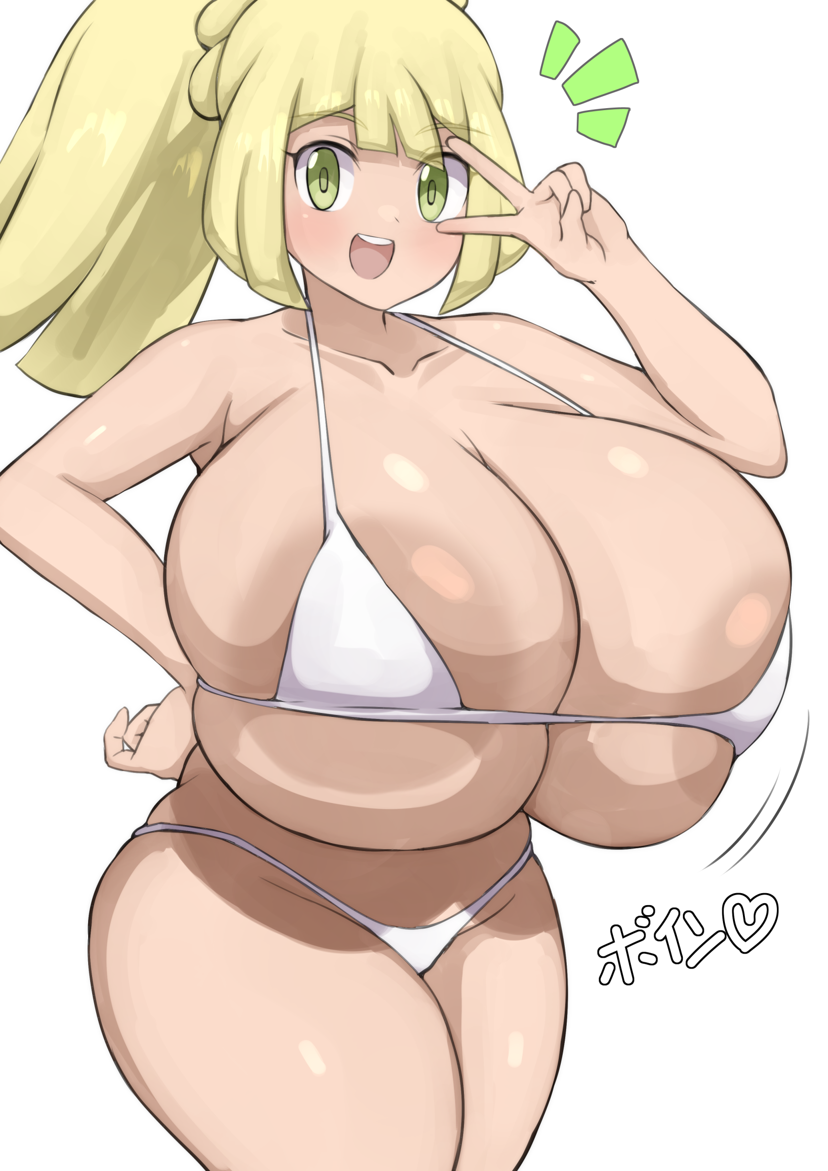 jaga334, lillie (pokemon), nintendo, pokemon, pokemon sm, 1girl, alternate breast size (larger), alternate costume, bikini, blonde hair, breasts, gigantic breasts, green eyes, swimsuit