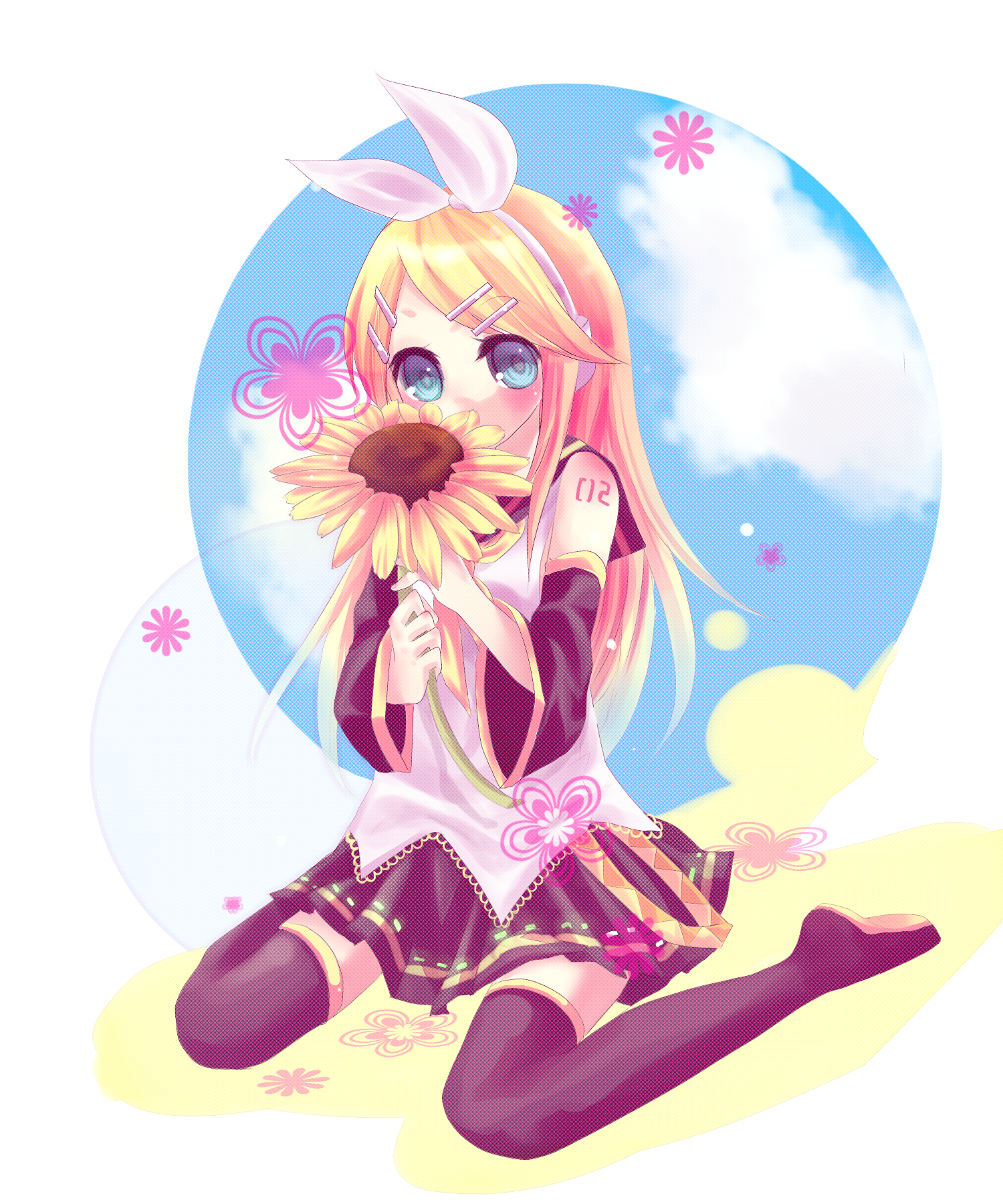 sahana ito, kagamine rin, vocaloid, bad id, bad pixiv id, highres, 1girl, alternate hairstyle, blonde hair, blue eyes, detached sleeves, female focus, flower, full body, hair ornament, hair ribbon, hairclip, headphones, long hair, ribbon, sitting, skirt, solo, sunflower, thighhighs, zettai ryouiki