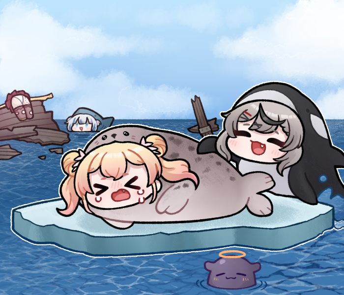 bulga, gawr gura, gawr gura (1st costume), houshou marine, houshou marine (1st costume), momosuzu nene, momosuzu nene (1st costume), sakamata chloe, sakamata chloe (1st costume), takodachi (ninomae ina'nis), hololive, commentary request, > <, 4girls, :3, ^ ^, animal costume, blonde hair, blue eyes, blue sky, chibi, chibi only, closed eyes, cloud, crying, fang, halo, holding, holding sword, holding weapon, multiple girls, orca, orca costume, panties, pleated skirt, red skirt, seal costume, shark costume, skirt, sky, sword, tears, tongue, underwear, virtual youtuber, water, weapon, white panties, wooden sword, yellow halo