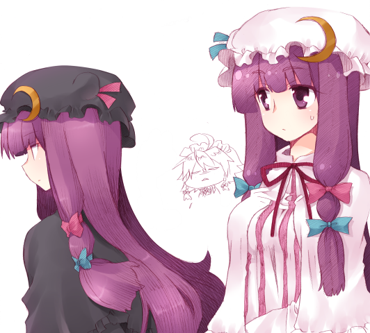 kiri futoshi, izayoi sakuya, patchouli knowledge, touhou, touhou hisoutensoku, striped, bad id, bad pixiv id, 2girls, alternate color, blunt bangs, bow, breasts, capelet, chibi, chibi inset, clone, crescent, female focus, hair bow, hat, large breasts, multiple girls, neck ribbon, player 2, purple hair, ribbon, sweatdrop, upper body