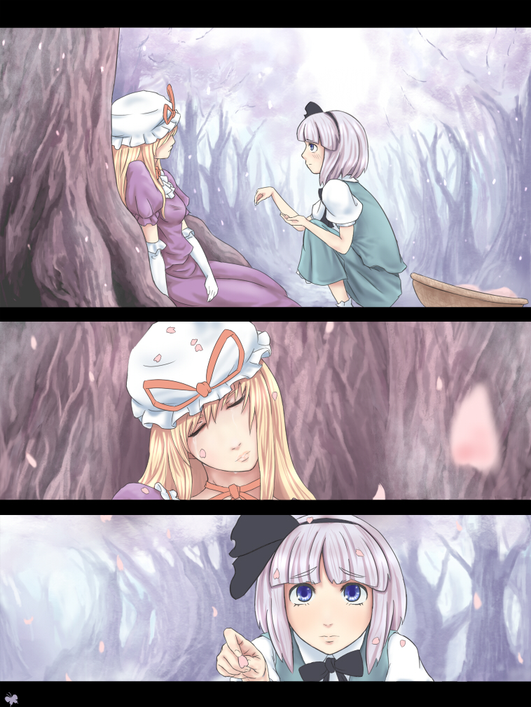 kouzilow, konpaku youmu, yakumo yukari, touhou, silver hair, 2girls, blonde hair, blue eyes, cherry blossoms, elbow gloves, female focus, gloves, hairband, hat, long hair, multiple girls, short hair, tears