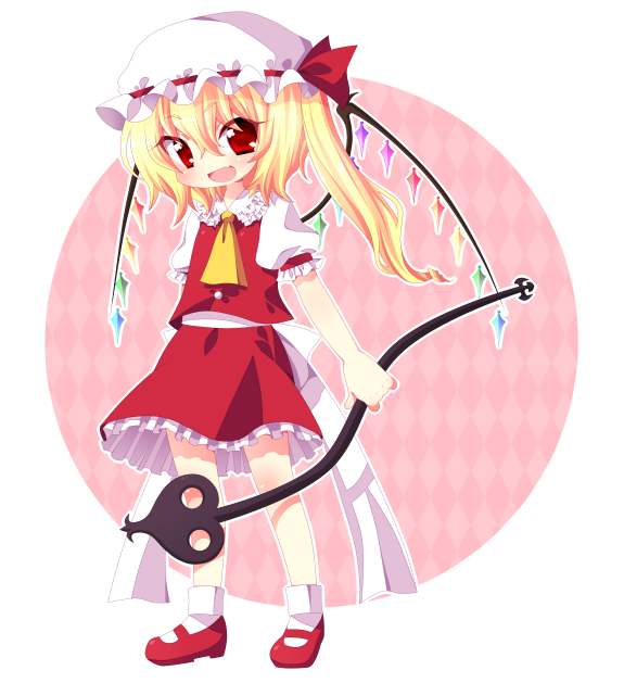 kiri futoshi, flandre scarlet, touhou, bad id, bad pixiv id, 1girl, blonde hair, blouse, collared shirt, female focus, full body, hair between eyes, hat, mob cap, pink background, red eyes, red shoes, ribbon, shirt, shoes, short hair, solo, standing, white background, white hat, white shirt, wings