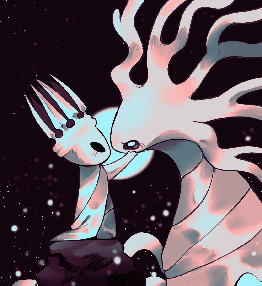 pale king (hollow knight), white lady (hollow knight), hollow knight, commentary, english commentary, highres, 1boy, 1girl, arthropod boy, black eyes, blank eyes, colored skin, crown, hands on another's face, hollow eyes, horned mask, horns, jchococher35340, looking at another, mask, robe, standing, wavy hair, white mask, white robe, white skin