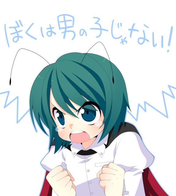 kiri futoshi, wriggle nightbug, touhou, bad id, bad pixiv id, translated, 1girl, antennae, blue eyes, cape, female focus, green hair, open mouth, short hair, solo, tears