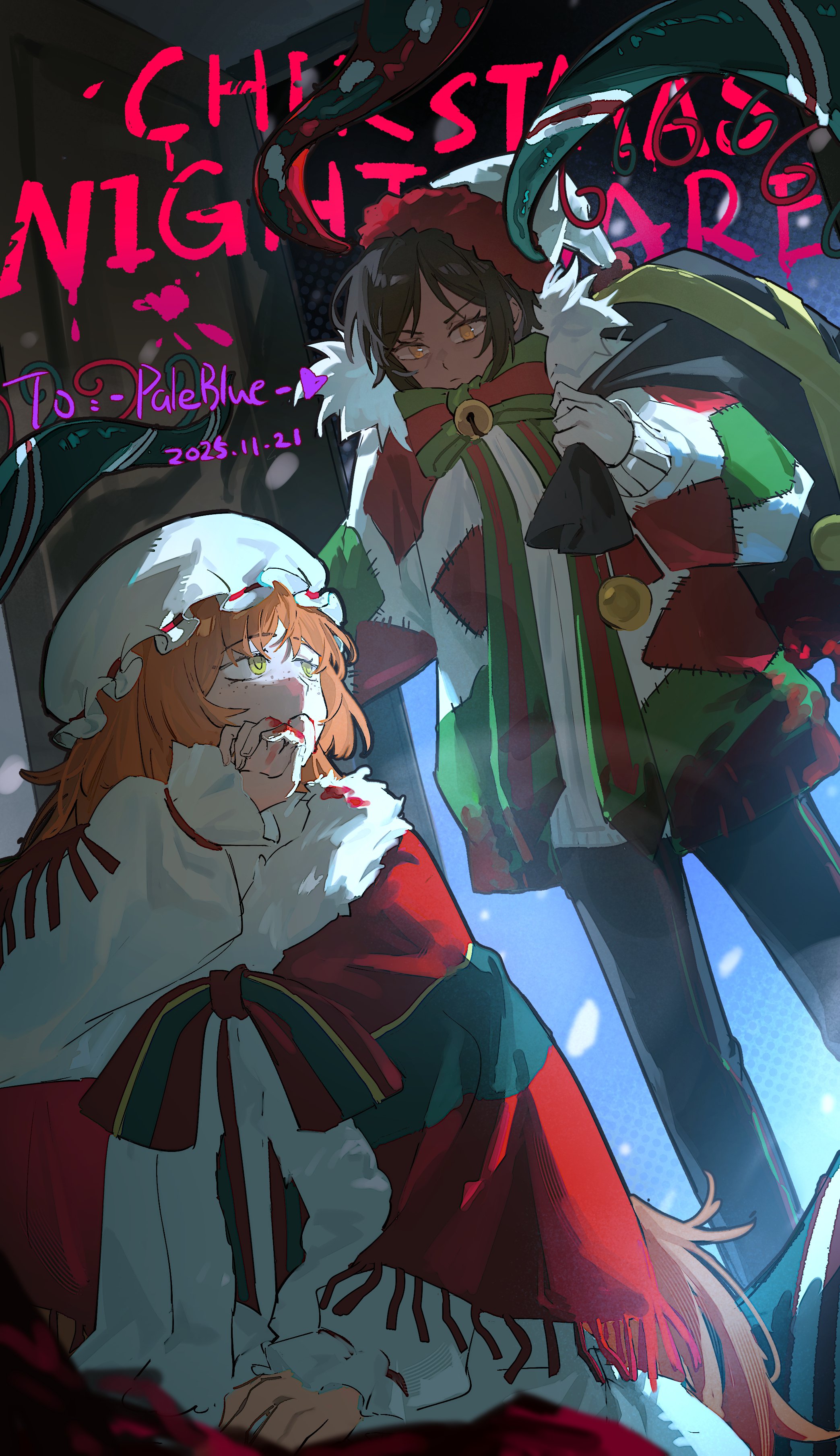 kiscript, ishmael (project moon), outis (project moon), limbus company, project moon, absurdres, commentary request, highres, 2girls, black pants, blood, blood on clothes, blood on face, blood on hands, bow, bowtie, christmas nightmare (e.g.o), dress, e.g.o (project moon), frilled sleeves, frills, green eyes, hat, holding, holding sack, holiday (e.g.o), long hair, long sleeves, mob cap, multiple girls, orange hair, pants, patchwork clothes, puffy long sleeves, puffy sleeves, sack, striped bow, striped bowtie, striped clothes, striped shawl, sweater, tentacles, very long hair, white dress, white hat, white sweater