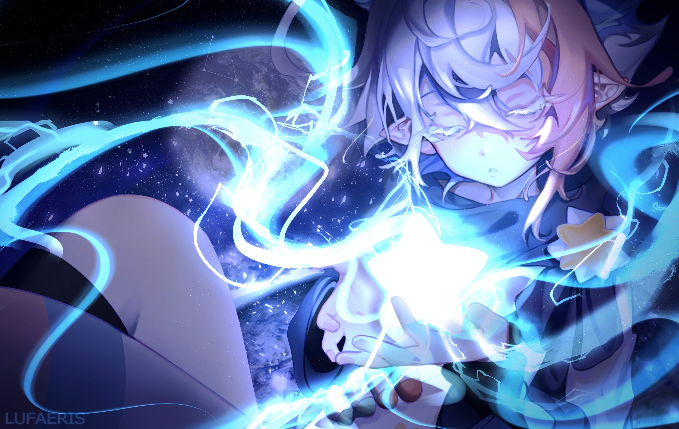 cloud (lufaeris), original, commentary, english commentary, highres, 1other, closed eyes, colored eyelashes, double-parted bangs, energy, grey hair, hair between eyes, holding, holding star, medium hair, other focus, parted lips, pointy ears, solo, star (symbol), white eyelashes