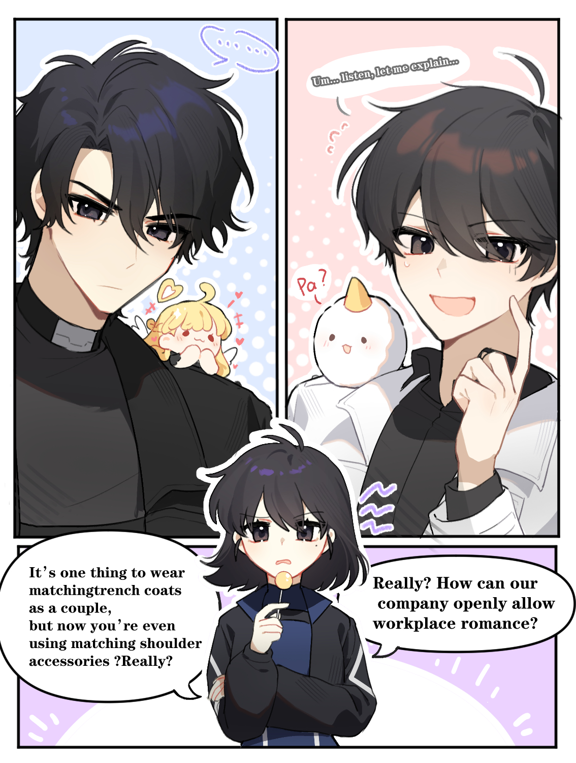 elzfbrvsnr30247, biyoo (omniscient reader's viewpoint), han sooyoung, kim dokja, uriel (omniscient reader's viewpoint), yoo joonghyuk, omniscient reader's viewpoint, hashtag-only commentary, highres, …, 2boys, 2girls, ahoge, black coat, black eyes, black hair, black shirt, bob cut, candy, coat, double-parted bangs, english text, food, grin, hair between eyes, hand up, holding, holding candy, holding food, holding lollipop, lollipop, looking at viewer, mini person, minigirl, multiple boys, multiple girls, outline, shirt, short hair, smile, speech bubble, spoken ellipsis, white coat, white outline