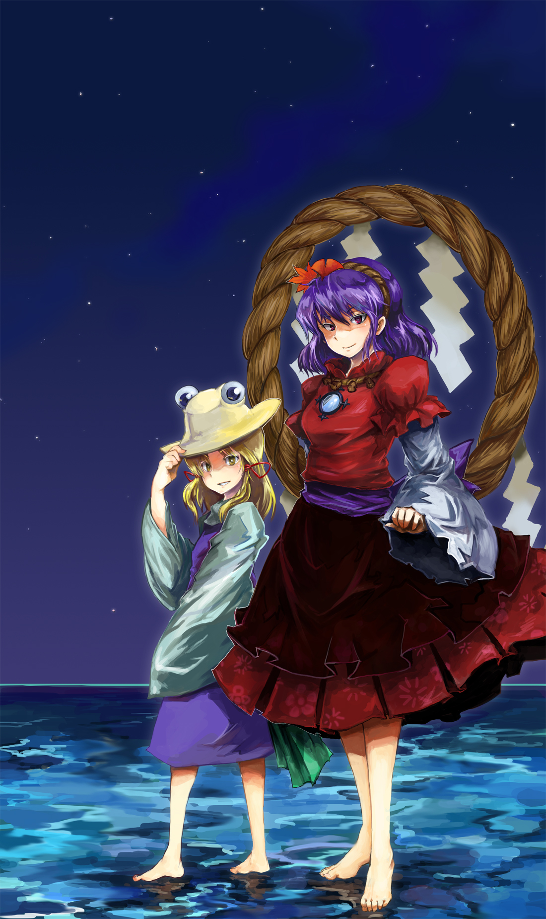 rotan, moriya suwako, yasaka kanako, touhou, highres, 2girls, barefoot, blonde hair, feet, female focus, hair ornament, hairband, hand on headwear, hat, hat tip, leaf hair ornament, multiple girls, night, night sky, ocean, purple hair, red eyes, rope, shide, shimenawa, short hair, sky, smile, star (sky), starry sky, walking, walking on liquid, water, yellow eyes