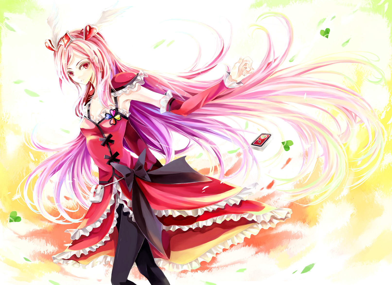 nako, nako (nonrain), cure passion, higashi setsuna, fresh precure!, precure, highres, 00s, 1girl, armpits, black pantyhose, bow, detached sleeves, dress, elbow gloves, female focus, gloves, hair ornament, hairband, heart, heart hair ornament, jewelry, long hair, magical girl, pantyhose, pink hair, red eyes, shoulder pads, solo, waist bow