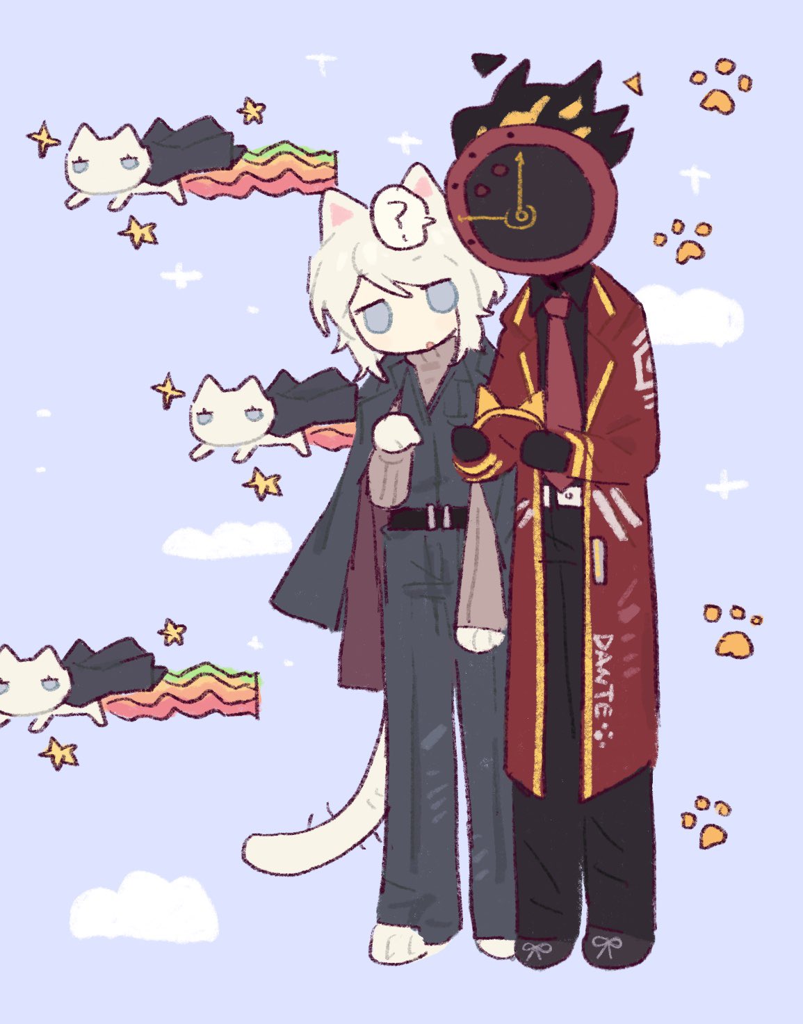 sh9483578135571, dante (limbus company), faust (project moon), nyan cat, limbus company, project moon, commentary request, highres, 1girl, 1other, animal ears, belt, black belt, black pants, black shoes, black vest, blue background, blue eyes, brown sweater, cat ears, cat tail, clock, coat, collared shirt, flaming head, full body, lapels, necktie, notched lapels, open mouth, pants, paw print, red coat, red necktie, ribbed sweater, shirt, shoes, short hair, simple background, sweater, tail, vest, white hair