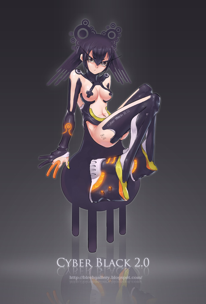 black light, black eyes, black hair, elbow gloves, gloves, ponytail, sitting, solo, twintails