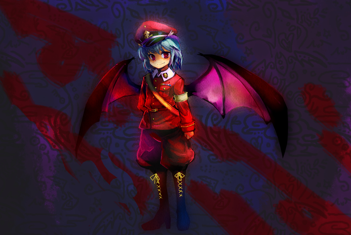 rotan, remilia scarlet, touhou, 1girl, blue hair, female focus, gradient background, hat, military, military uniform, red eyes, short hair, solo, wings