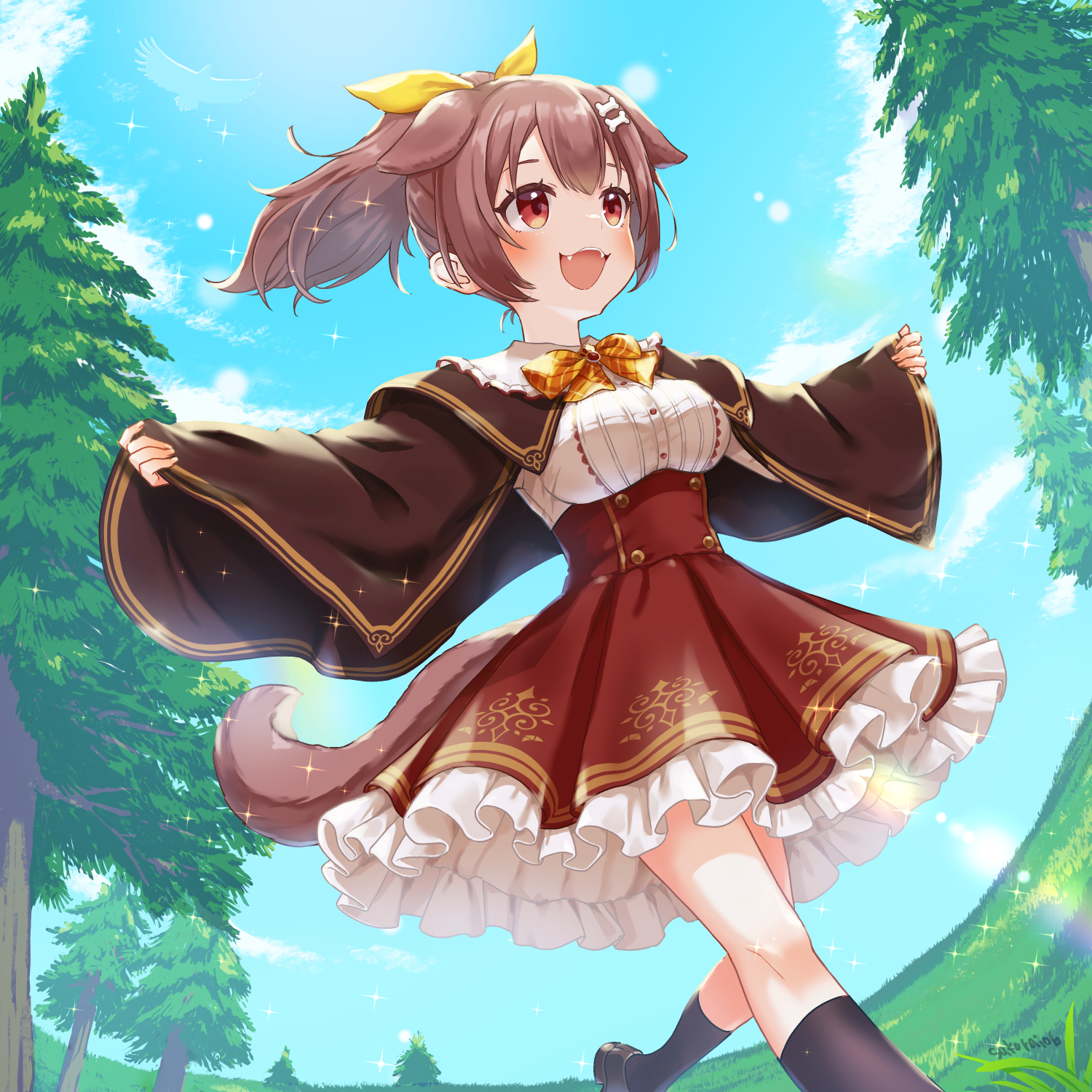 yu sakurai06, inugami korone, inugami korone (street), hololive, clip studio paint (medium), commentary request, highres, making-of available, 1girl, :3, animal ears, black socks, blue sky, blush, bone hair ornament, bow, bowtie, brown capelet, brown hair, brown tail, buttons, capelet, cartoon bone, cloud, collar, dog ears, dog girl, dog tail, double-breasted, fangs, frilled collar, frilled skirt, frills, grass, hair ornament, kneehighs, medium hair, official alternate costume, official alternate hairstyle, open mouth, outdoors, pine tree, ponytail, red eyes, red skirt, skirt, sky, socks, solo, sparkle, tail, tree, virtual youtuber, walking, yellow bow, yellow bowtie