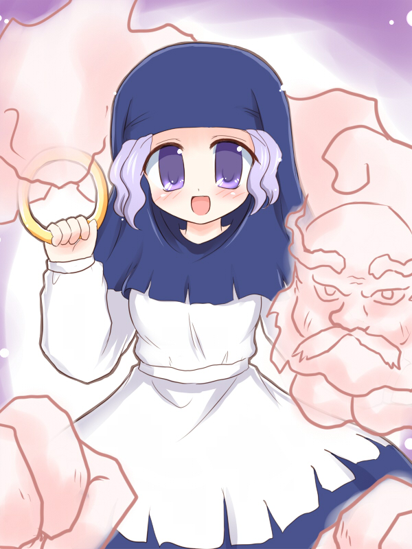 ry (yagoyago), kumoi ichirin, unzan, touhou, cloud, hood, jewelry, purple eyes, purple hair, ring, short hair, solo