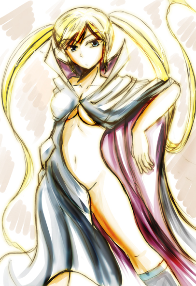 3486-e, mizuhara katsumi, gamia q, mazinger (series), mazinger z, shin mazinger shougeki! z-hen, toei company, 00s, 1girl, android, blonde hair, cape, female focus, long hair, naked cape, nude, robot, solo, twintails, very long hair