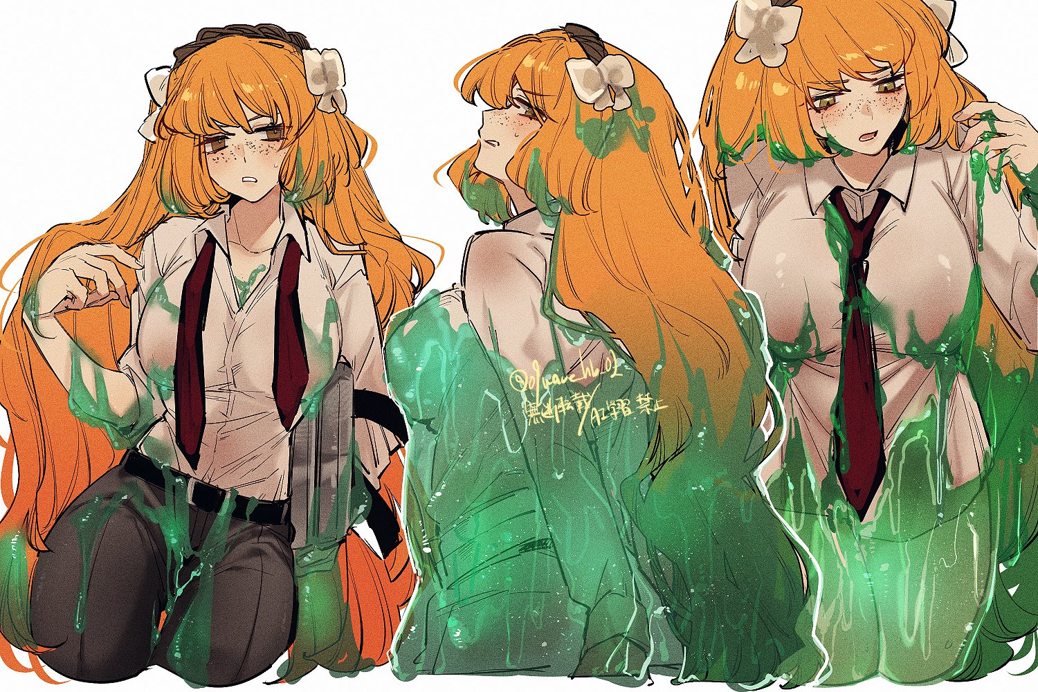 09wave hb, ishmael (project moon), limbus company, project moon, commentary request, 1girl, arms behind back, bow, breasts, brown hairband, collared shirt, e.g.o (project moon), freckles, green eyes, hair bow, hairband, large breasts, long hair, multicolored hair, multiple views, open mouth, orange hair, rope, shirt, simple background, sloshing (e.g.o), streaked hair, technology liberation alliance (identity) (project moon), very long hair, white background, white bow, white shirt