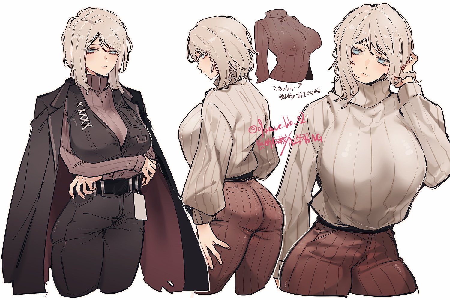 09wave hb, faust (project moon), limbus company, project moon, commentary request, translation request, 1girl, belt, black belt, black pants, black vest, blue eyes, breasts, closed mouth, cowboy shot, cropped legs, crossed arms, grey sweater, id card, large breasts, looking at viewer, multiple views, nipples, pants, ribbed sweater, short hair, sidelocks, sweater, vest, white hair, white sweater