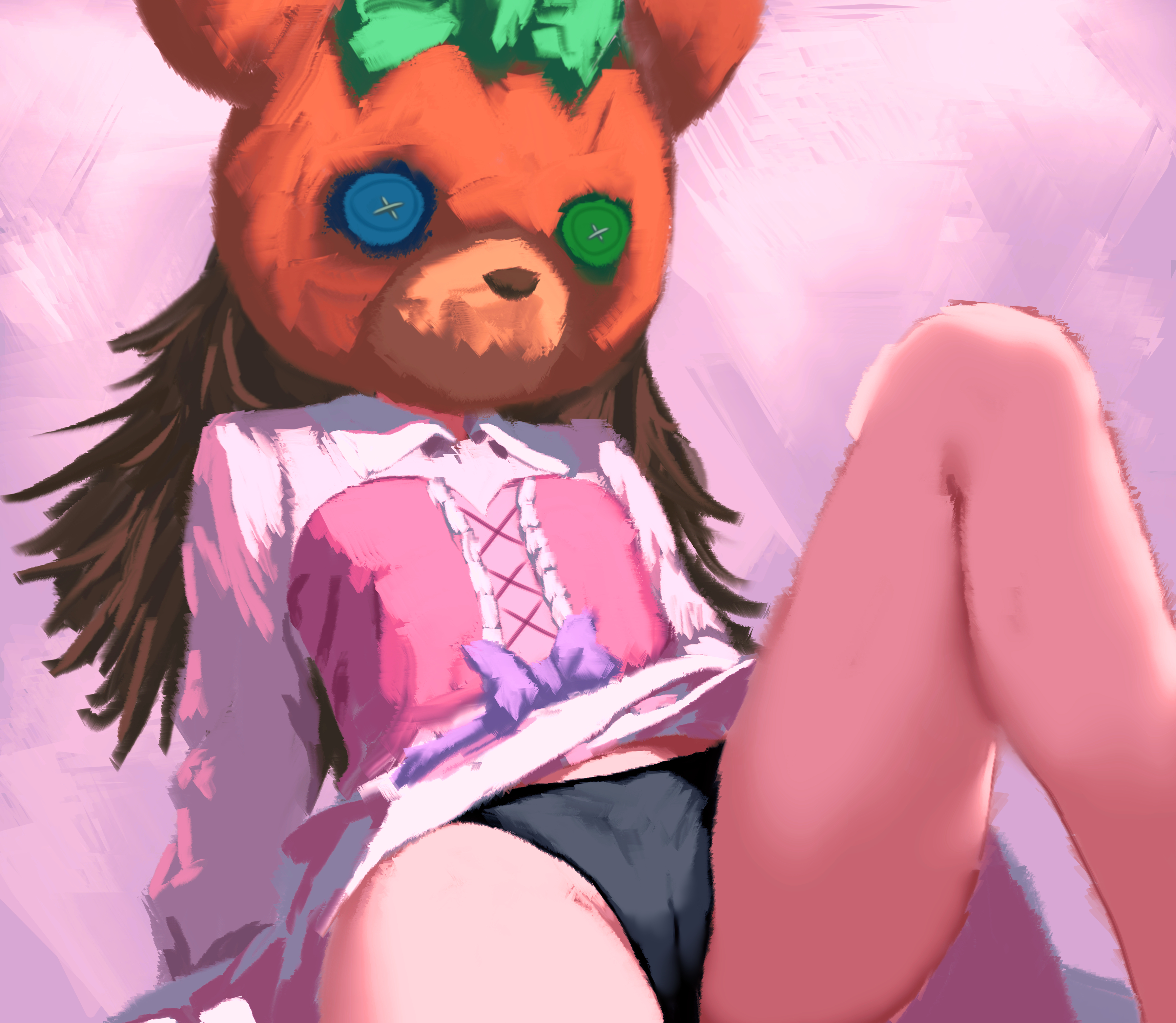flandzen, absurdres, character request, copyright request, highres, bear mask, black panties, bow, brown hair, button eyes, buttons, collared shirt, flat chest, green bow, knee up, leaning back, long hair, mask, panties, purple bow, shirt, sitting, underwear