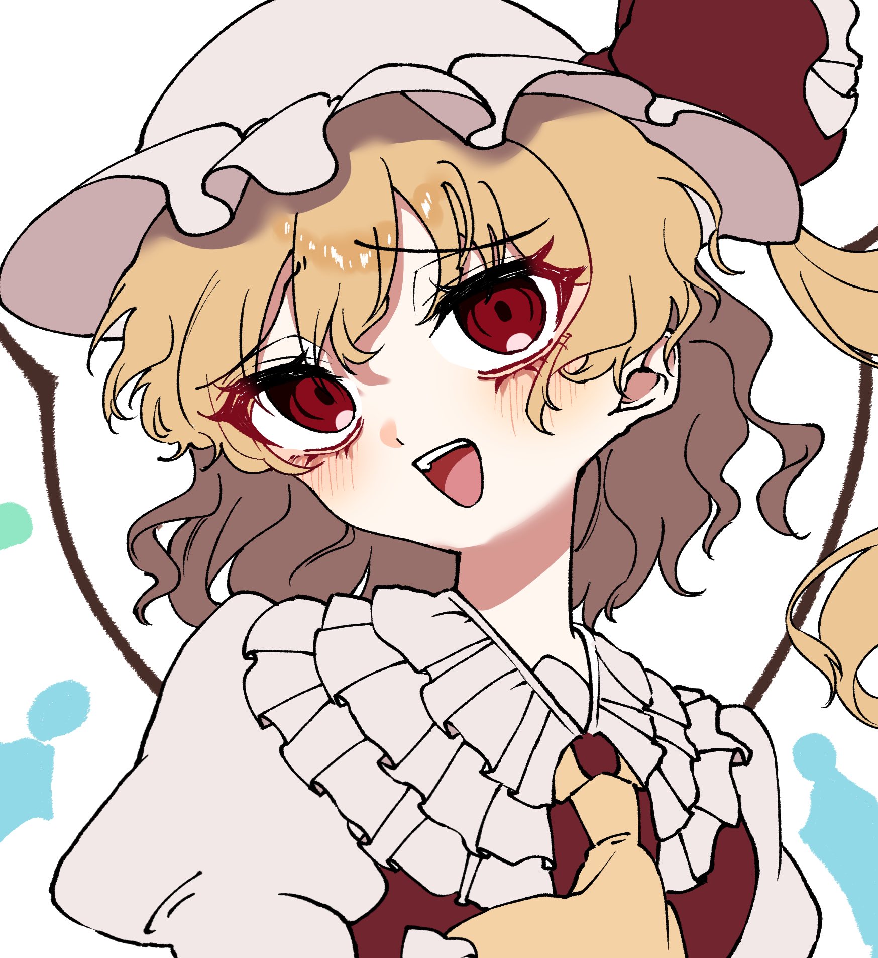 shigure. (tennensui), flandre scarlet, touhou, commentary request, highres, 1girl, ascot, blonde hair, crystal, crystal wings, frilled shirt collar, frills, hair ribbon, hat, hat ribbon, mob cap, multicolored wings, one side up, puffy short sleeves, puffy sleeves, red eyes, red vest, ribbon, short sleeves, side ponytail, solo, upper body, vest, white background, white hat, wings, yellow ascot