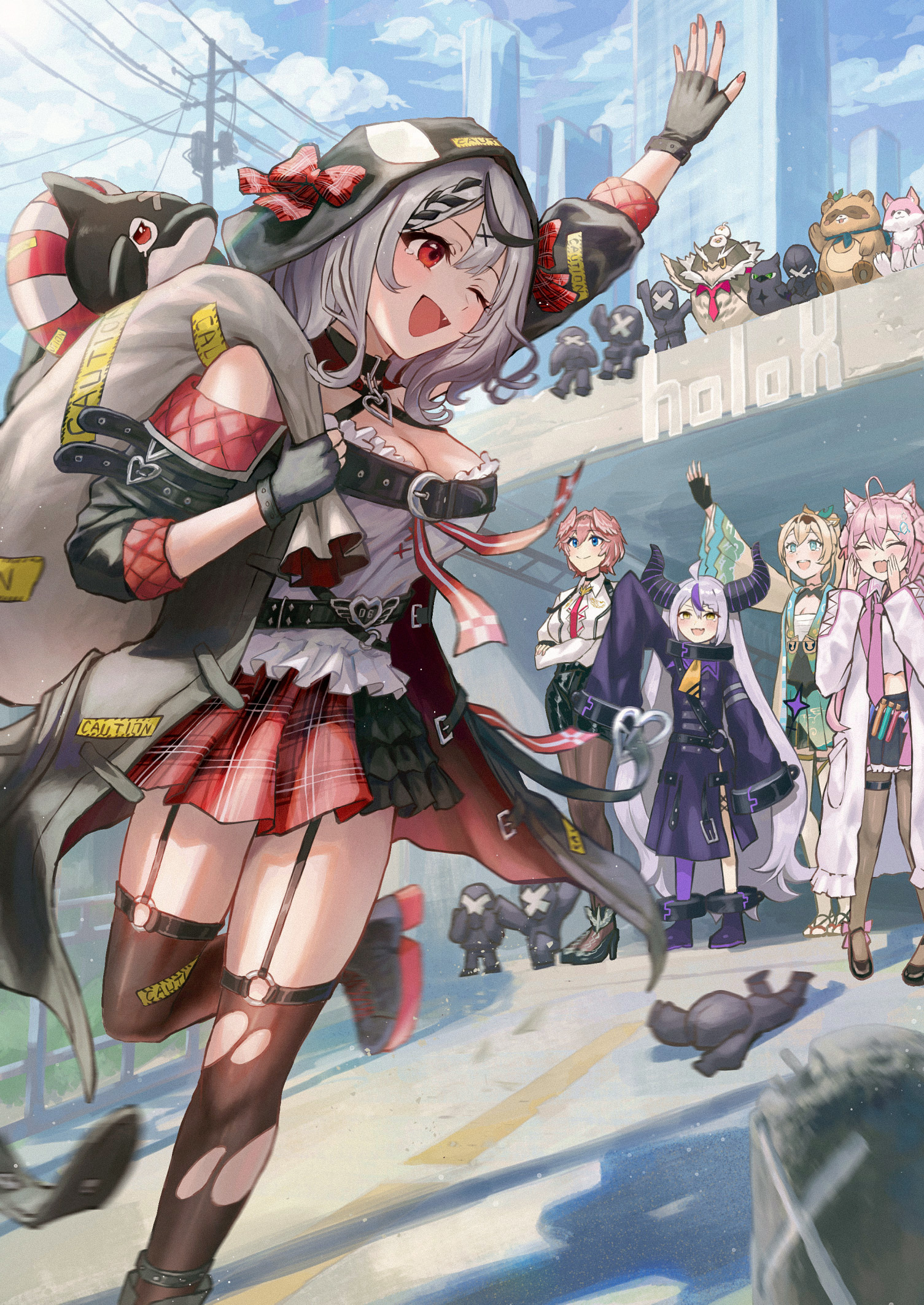 isome, crow (la+ darknesss), ganmo (takane lui), hakui koyori, hakui koyori (1st costume), inu (sakamata chloe), kazama iroha, kazama iroha (1st costume), kokoro (hakui koyori), la+ darknesss, la+ darknesss (1st costume), pokobee, sakamata chloe, sakamata chloe (1st costume), takane lui, takane lui (1st costume), tsukune (takane lui), tsumire (takane lui), hololive, holox, commentary request, highres, 5girls, ;d, ^ ^, ahoge, animal ear fluff, animal ears, animal hood, bag, black gloves, black horns, black jacket, black shoes, black skirt, blonde hair, blue eyes, blue sky, blush, braid, breasts, camisole, caution tape, cleavage, closed eyes, closed mouth, cloud, coat, collared shirt, crossed arms, dress, fang, fingerless gloves, fingernails, foot out of frame, frilled camisole, frills, full body, gloves, green eyes, grey hair, hair ornament, head wings, holding, holding bag, hood, horns, jacket, japanese clothes, kimono, large breasts, leg up, long hair, long sleeves, miniskirt, multicolored hair, multiple girls, nail polish, necktie, one eye closed, open clothes, open coat, open jacket, open mouth, orca hood, pantyhose, pink hair, pink necktie, pleated skirt, ponytail, purple dress, purple hair, purple horns, red eyes, red nails, red necktie, red skirt, shirt, shoes, skirt, sky, sleeves past fingers, sleeves past wrists, smile, standing, streaked hair, striped horns, thigh strap, thighhighs, torn clothes, torn thighhighs, utility pole, very long hair, vial, virtual graduation commemoration, virtual youtuber, waving, white camisole, white coat, white kimono, white shirt, wings, wolf ears, x hair ornament