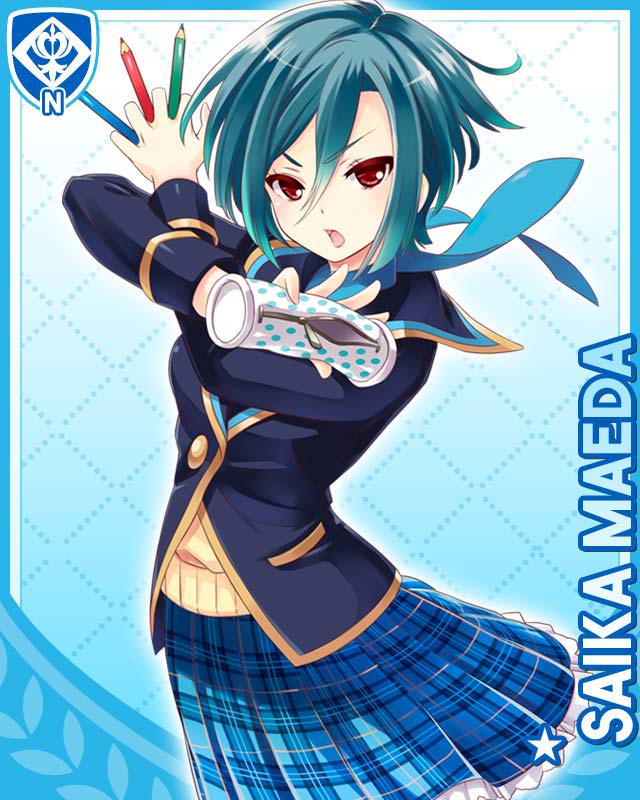 qp:flapper, maeda saika, girlfriend (kari), official art, 1girl, :o, blue background, blue hair, blue skirt, card (medium), cardigan, character name, jacket, looking at viewer, miniskirt, pencil, pencil case, plaid clothes, plaid skirt, pleated skirt, red eyes, school uniform, shirt, short hair, skirt, solo, v-shaped eyebrows, white shirt, yellow cardigan