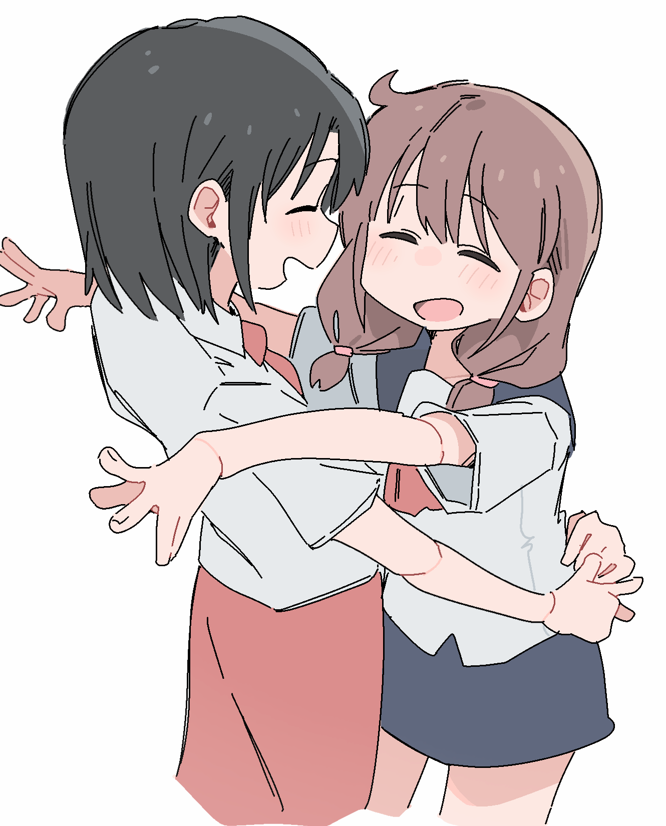 wichimi, izumi riko (city), izumi wako, city (arawi keiichi), commentary, highres, 2girls, black hair, blue sailor collar, blue skirt, blush stickers, brown hair, closed eyes, collared shirt, cropped legs, hug, multiple girls, neckerchief, necktie, open mouth, red neckerchief, red necktie, red skirt, sailor collar, school uniform, serafuku, shirt, short hair, siblings, simple background, sisters, skirt, white background, white serafuku, white shirt