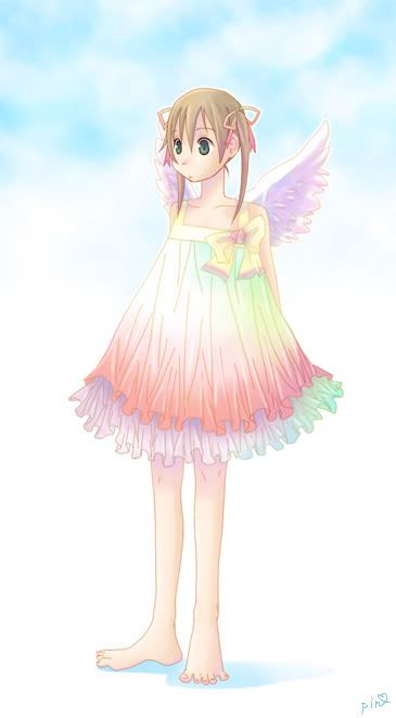 maka albarn, barefoot, blonde hair, cloud, dress, feet, flower, sky, twintails, wings