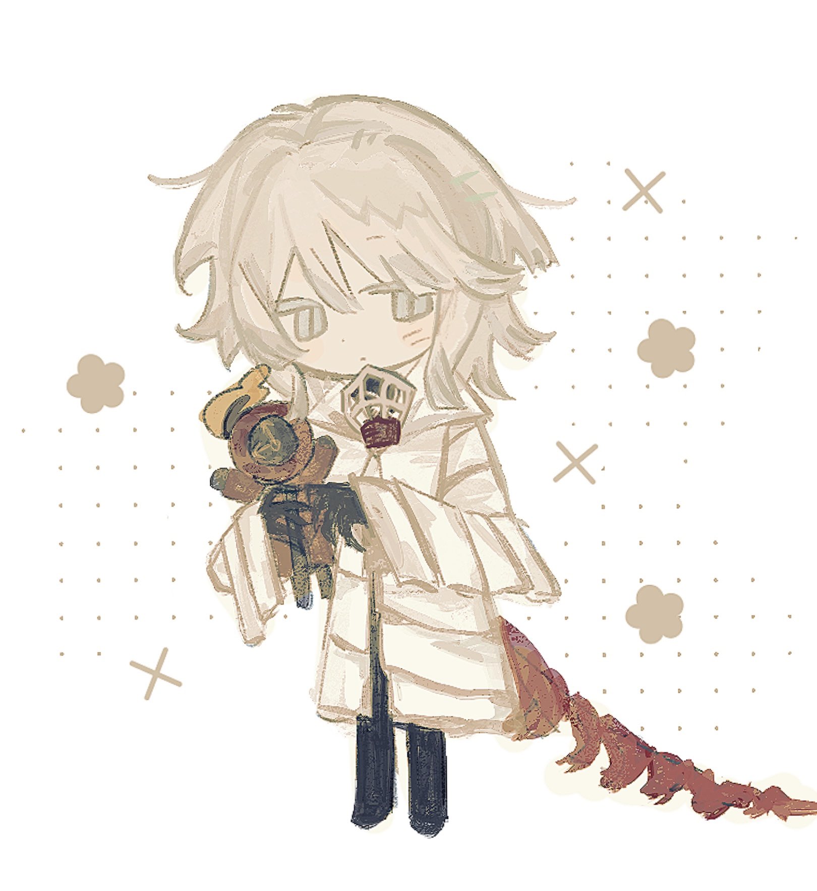 sh9483578135571, dante (limbus company), faust (project moon), limbus company, project moon, commentary, highres, symbol-only commentary, 1girl, black pants, blush, character doll, chibi, claws, coat, doll, e.g.o (project moon), full body, kishimen hair, long sleeves, medium hair, pants, simple background, skeletal tail, solo, tail, thoracalgia (e.g.o), white background, white coat, white hair