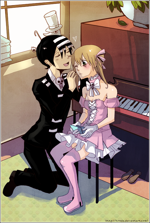 death the kid, maka albarn, soul eater, 00s, black hair, blonde hair, blush, dress, excalibur (mythology), happy, jacket, lolita fashion, ribbon, short hair, skull, smile, twintails