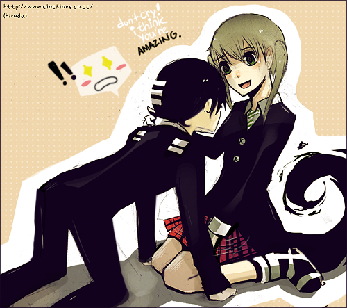 death the kid, maka albarn, striped, lowres, black hair, blonde hair, blush, jacket, necktie, short hair, skirt, tail, twintails