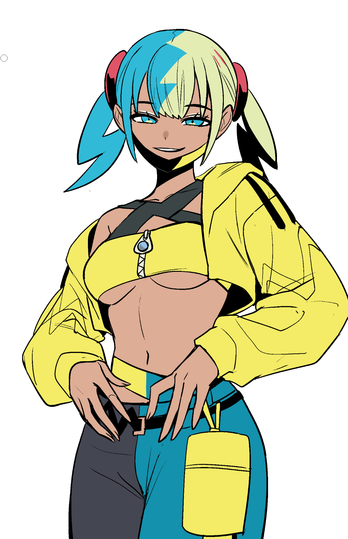 gegegekman, canari (pokemon), nintendo, pokemon, pokemon legends: z-a, highres, 1girl, alternate breast size (larger), aqua hair, bandeau, black mask, black pants, blonde hair, blue eyes, blue pants, blush, breasts, criss-cross straps, fake hair bun, jacket, large breasts, light smile, long sleeves, looking at viewer, mask, mask pull, mega stone, mouth mask, multicolored hair, navel, open mouth, pants, short twintails, simple background, solo, split-color hair, sports bra, stomach, teeth, twintails, two-tone hair, two-tone mask, two-tone pants, underboob, white background, yellow bandeau, yellow jacket, yellow mask, yellow sports bra, zipper