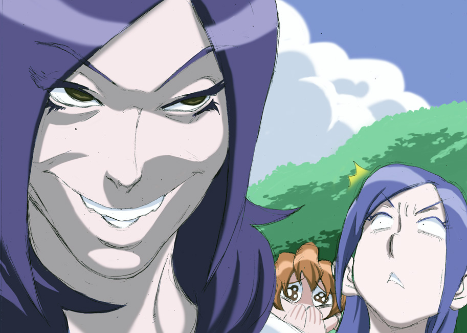 e-pen, aono miki, higashi setsuna, kitamura kazuki, yamabuki inori, fresh precure!, precure, 00s, 3girls, creepy, horror (theme), meme, multiple girls, neta, smile, what