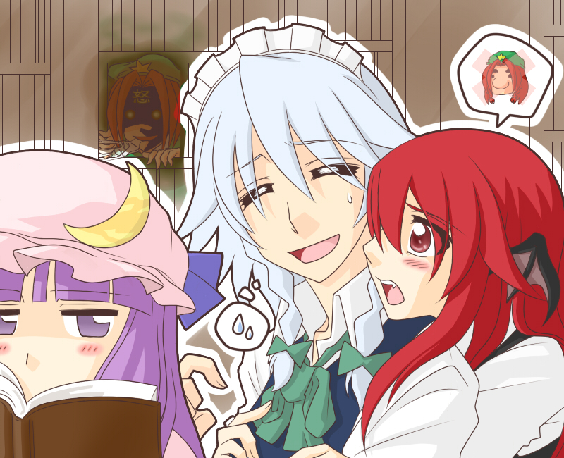 neko majin, doseisan, ex-meiling, hong meiling, izayoi sakuya, koakuma, patchouli knowledge, embodiment of scarlet devil, mother (series), nintendo, touhou, silver hair, 4girls, bat wings, book, braid, female focus, glowing, glowing eyes, hat, head wings, long hair, multiple girls, purple eyes, purple hair, red eyes, red hair, short hair, twin braids, wings, you gonna get raped, yuri