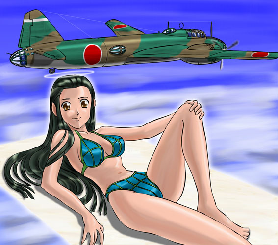 shinden hachirouta, original, 1girl, aircraft, airplane, bikini, black hair, bomber, female focus, halo, leg lift, long hair, lying, military, military vehicle, solo, swimsuit, world war ii