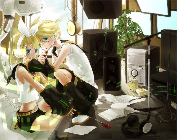 goni hane, kagamine len, kagamine rin, vocaloid, bad id, bad pixiv id, 1boy, 1girl, aqua eyes, blonde hair, brother and sister, computer, hair ornament, hair ribbon, hairclip, headphones, microphone, ribbon, short hair, shorts, siblings, speaker, sweat, twins