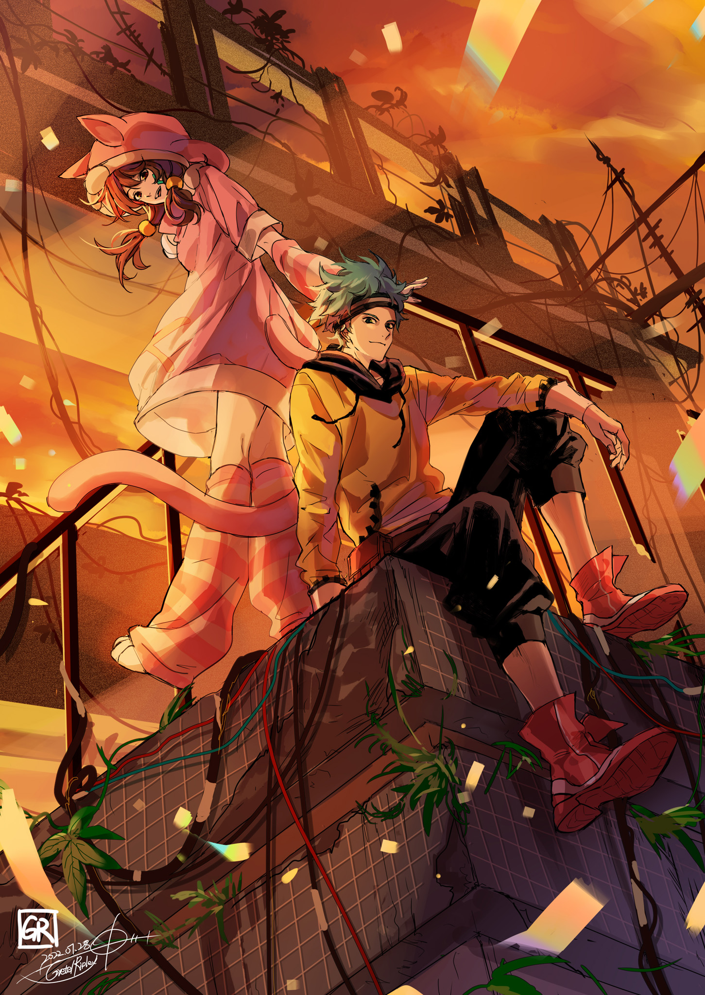 sprintertomoe, aizaki momo, takaoka pollon, anonymous;code, science adventure, commentary request, highres, 1boy, 1girl, animal costume, animal ears, blue hair, boots, breasts, brown eyes, brown hair, cat costume, cat ears, cat tail, cloud, dress, hat, hood, hooded sweater, jacket, long hair, long sleeves, looking at viewer, onesie, outdoors, shirt, short hair, sitting, sky, smile, striped sleeves, sunset, sweater, sweater dress, tail, twintails