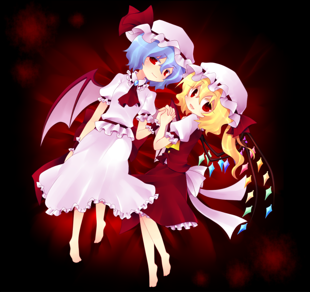 kiri futoshi, flandre scarlet, remilia scarlet, touhou, duplicate, 2girls, barefoot, bat wings, blonde hair, blue hair, female focus, hat, multiple girls, ponytail, red eyes, short hair, siblings, side ponytail, sisters, wings