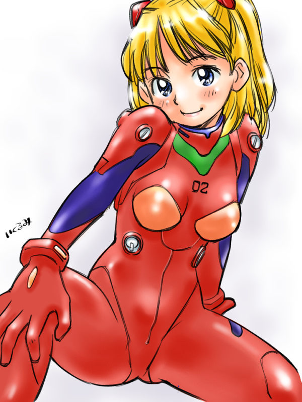 ikurumi kaoru, souryuu asuka langley, neon genesis evangelion, 1girl, ass, blonde hair, blue eyes, bracer, cosplay, female focus, gradient background, grey background, head tilt, leaning to the side, mecha pilot suit, parted bangs, plugsuit (evangelion), sitting, smile, solo, souryuu asuka langley (cosplay), spread legs, two side up, white background