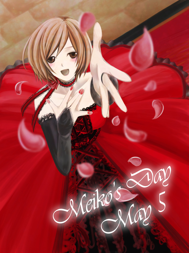 sakuraji tomoka, meiko (vocaloid), vocaloid, 1girl, brown eyes, dress, female focus, nail polish, petals, pun, red dress, red nails, short hair, smile, solo