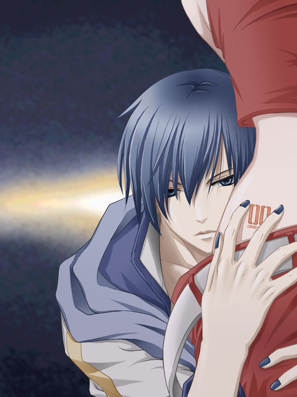 sakuraji tomoka, kaito (vocaloid), meiko (vocaloid), vocaloid, 1boy, 1girl, blue eyes, blue hair, blue nails, blue scarf, hetero, hug, midriff, nail polish, scarf, short hair