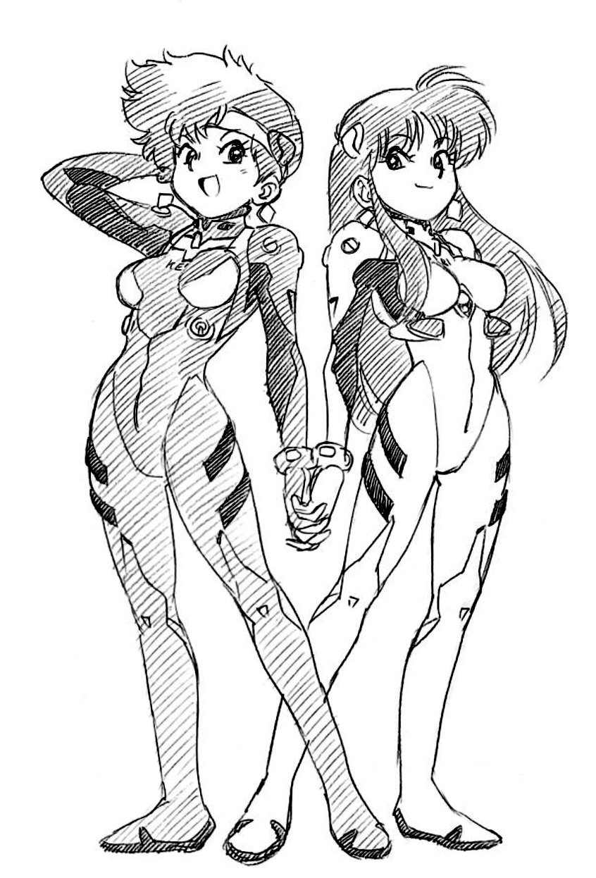 asari yoshitoo, kei (dirty pair), yuri (dirty pair), dirty pair, gainax, neon genesis evangelion, sunrise (company), commentary request, highres, 2girls, arm behind head, bodysuit, earrings, floating earrings, hairpods, headband, holding hands, jewelry, light smile, long hair, looking at viewer, mecha pilot suit, monochrome, multiple girls, open mouth, plugsuit (evangelion), short hair, simple background, skin tight, smile